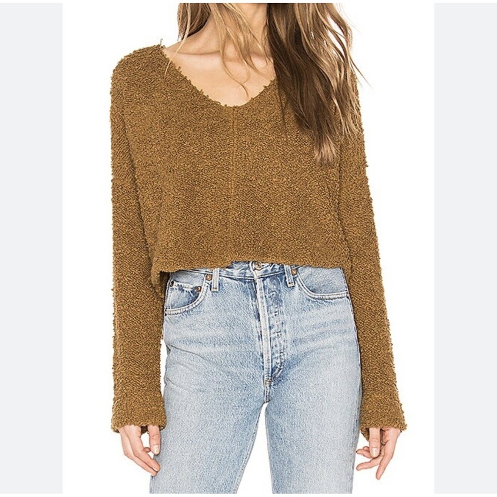 Free People Found My Friend V Neck Boucle Sweater Brown Textured Pullover Size M